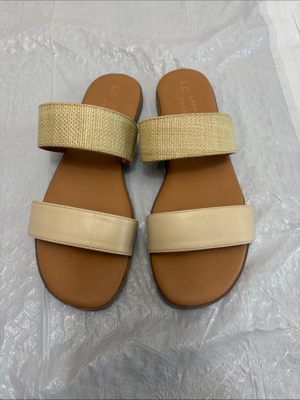LC Lauren Conrad Cream and Woven Natural Double-Strap Slides